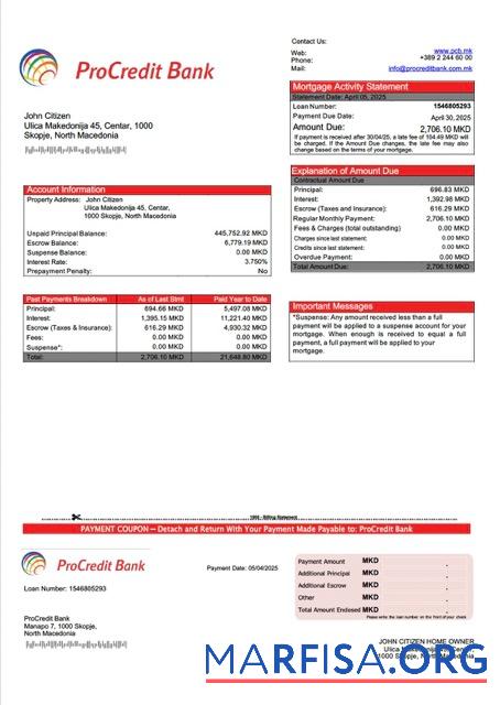 Printable North Macedonia ProCredit Bank mortgage statement Word and PDF template
